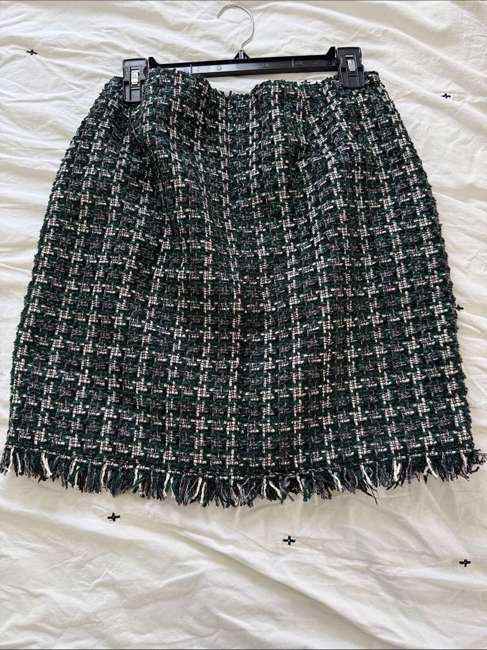 Textured Green Tweed Fringe Mini Skirt